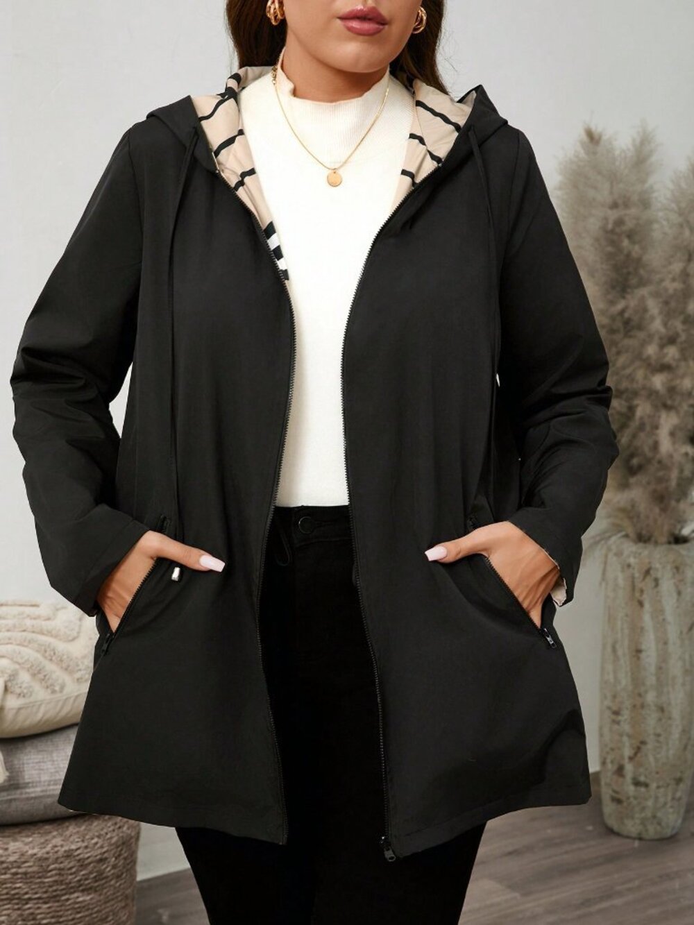 Black Casual Women's Loose Fit Drawstring Zipper Pocket Hooded Jacket - Picture 4 of 7